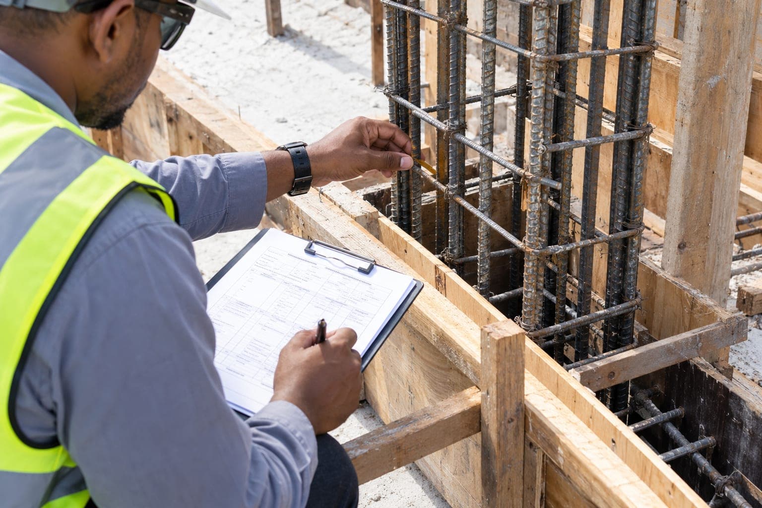 Inspector checking column reinforcement and formwork while filling in an inspection checklist