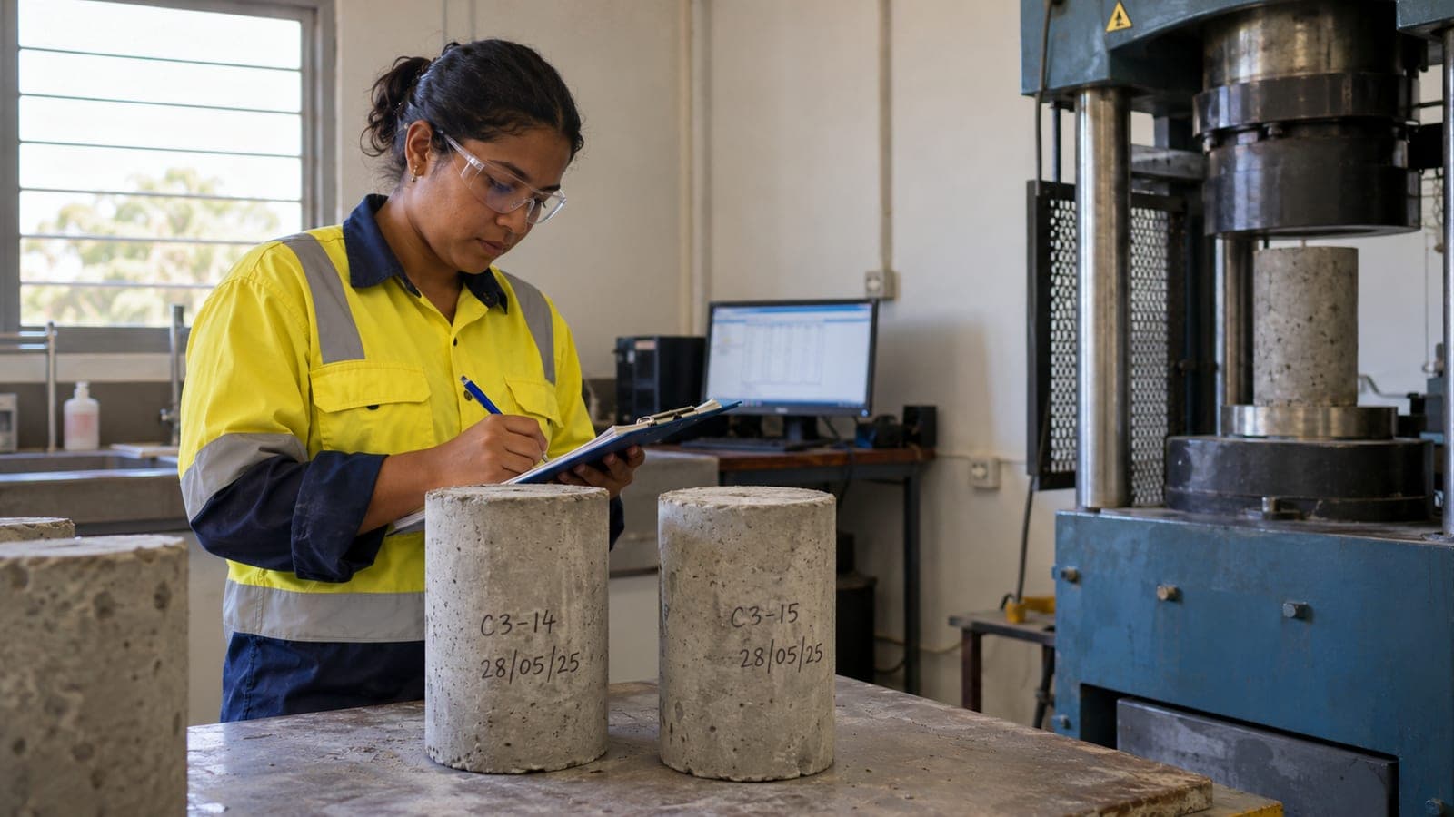 Technician recording results beside labelled concrete cylinders and a compression testing machine